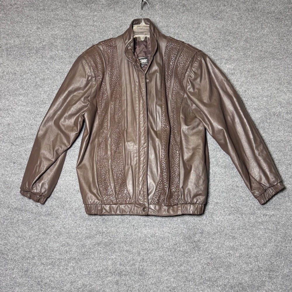 Vintage Comint Brown Genuine Leather Textured Panel Bomber Jacket Argentina Med